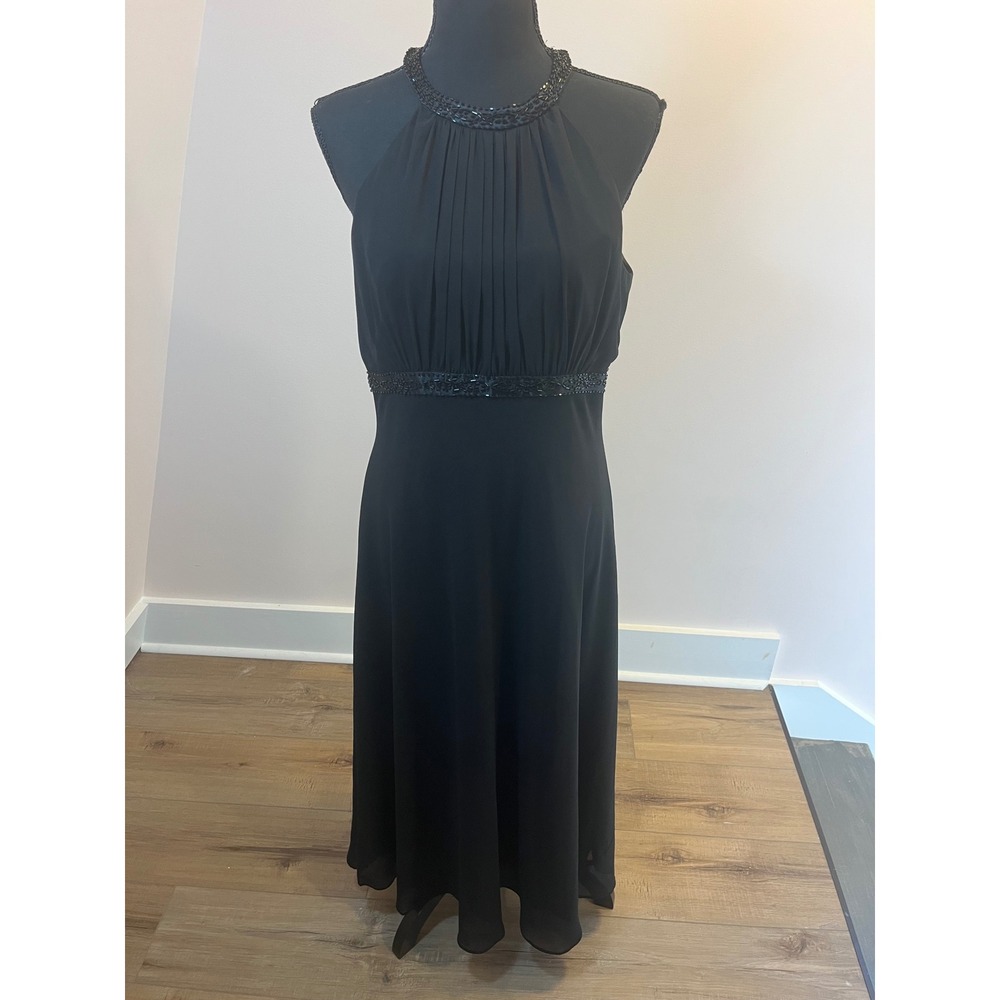 Evan-Picone Black Beaded Halter Empire Waist Pleated Evening Dress 10